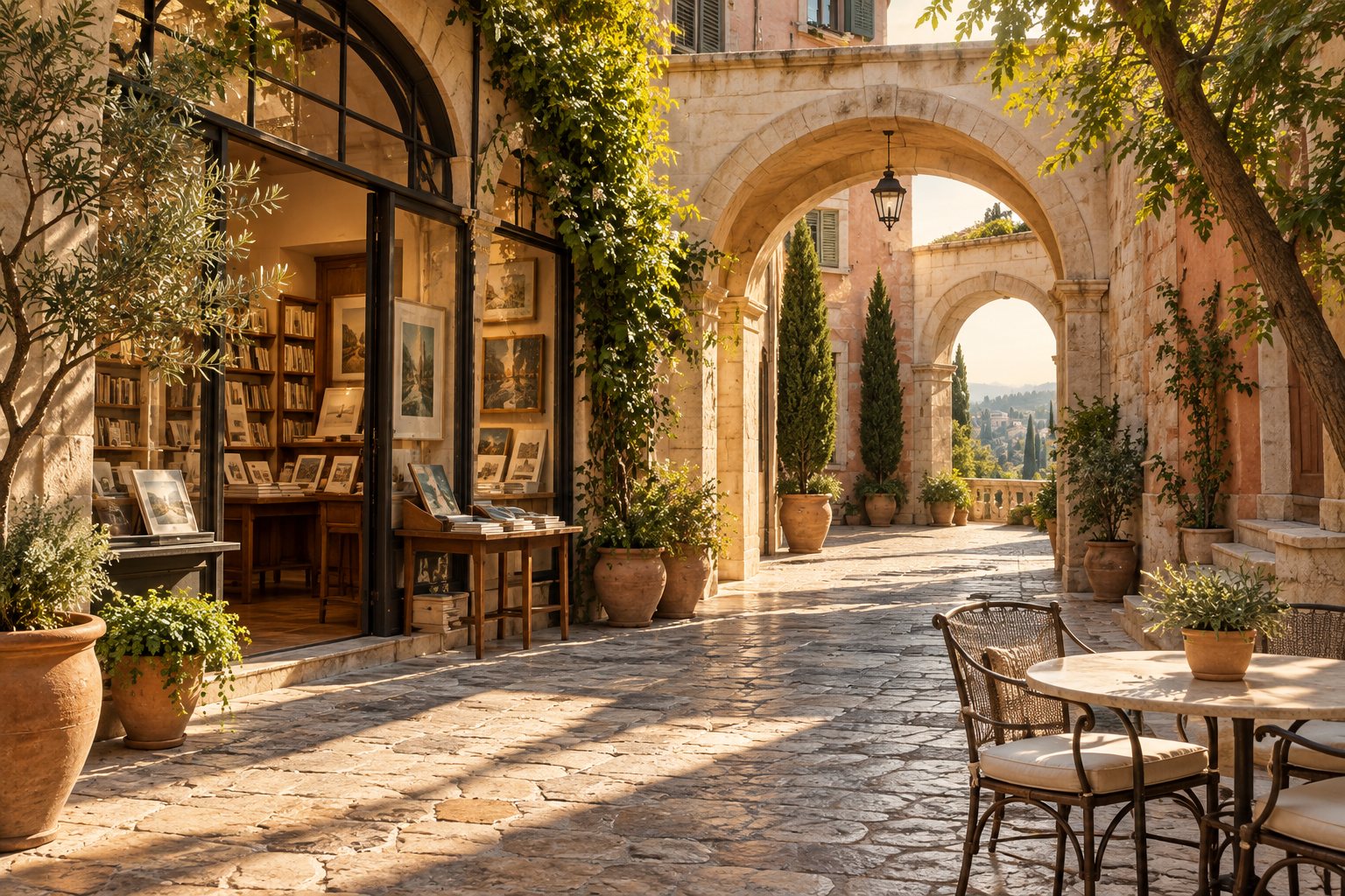 Generated fictional courtyard for an editorial day-out concept